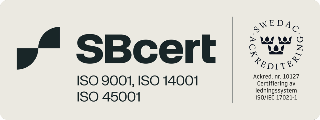 Certifierad enligt ISO 9001, ISO 14001 och ISO 45001 av SBcert